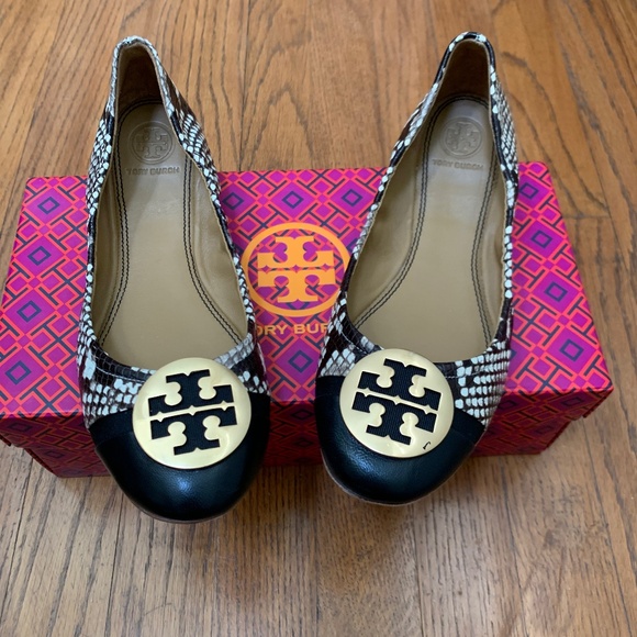 Tory Burch Black Captoe Minnie Snakeskin Flats Size 7 - Picture 1 of 8